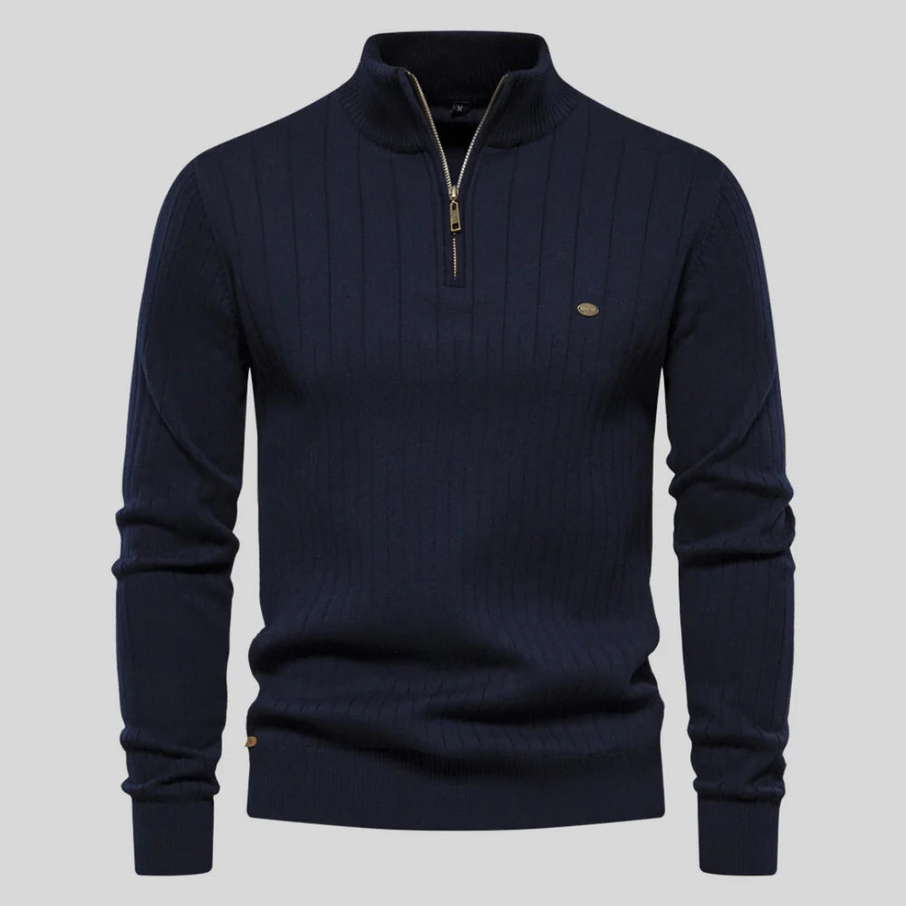 Men'S Ribbed Top with High Zip Neck Sweater