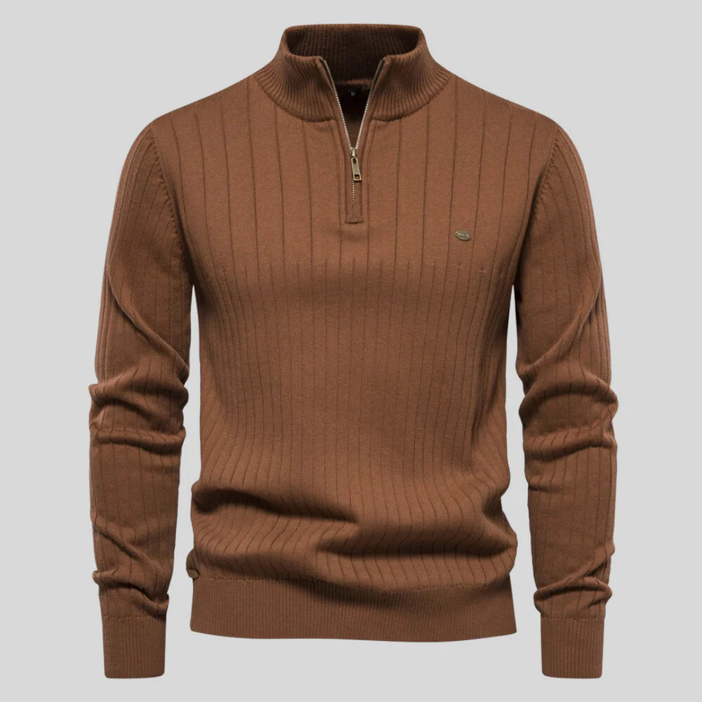 Men'S Ribbed Top with High Zip Neck Sweater