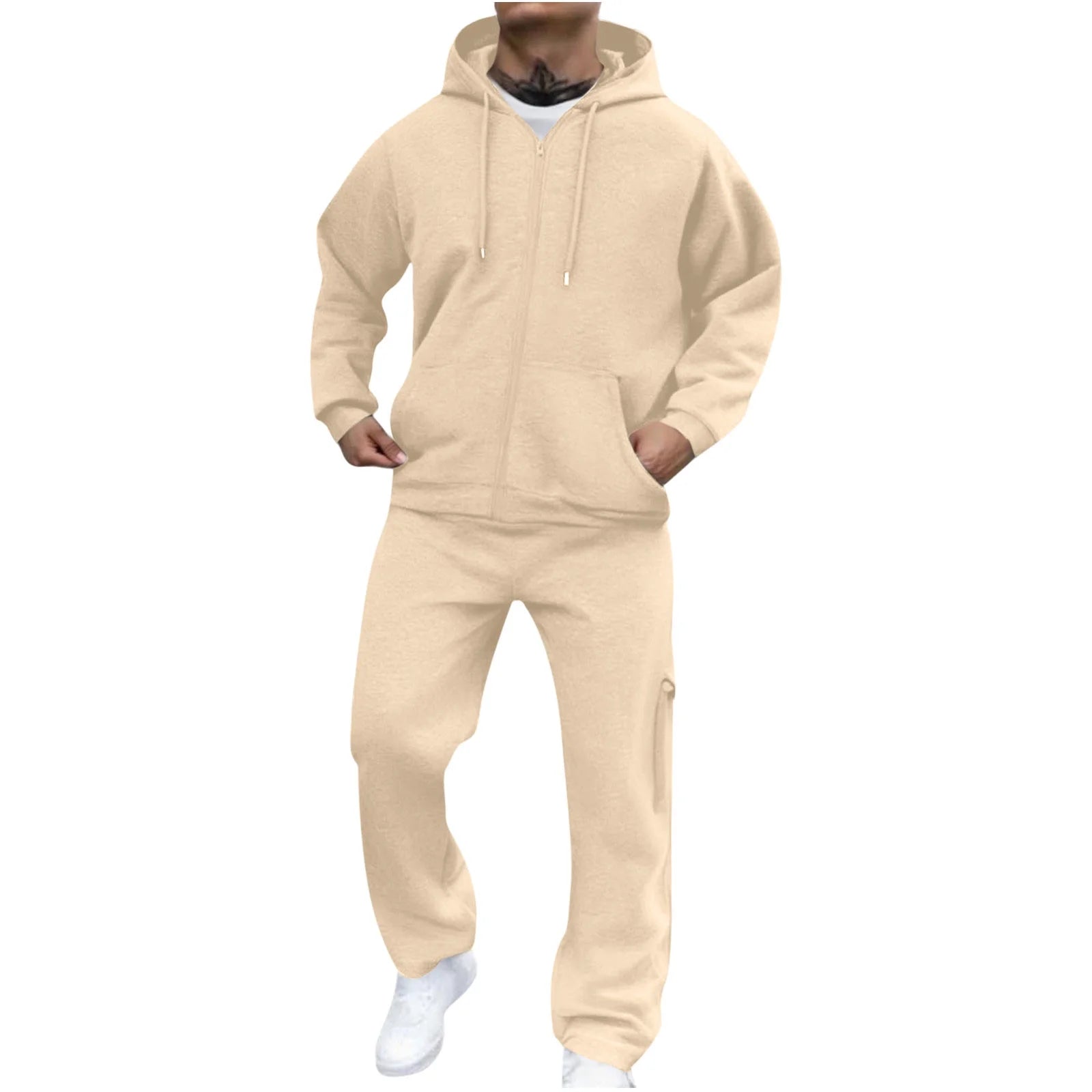 Track Suit Men Full Zip Hooded Sweatshirt Sets Matching Wide Leg Cargo Pants 2 Piece Outfit Beige,L