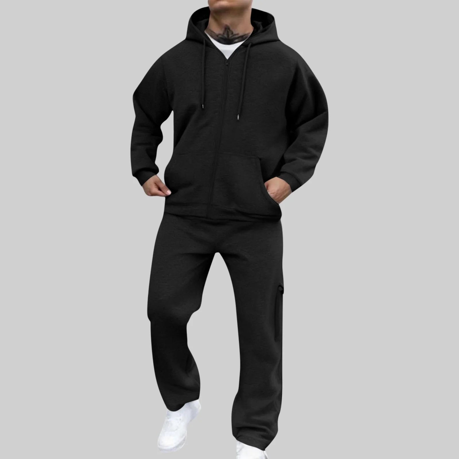 Track Suit Mens Full Zip Hooded Sweatshirt Sets Matching Wide Leg Cargo Pants 2 Piece Outfit Black,Xxl