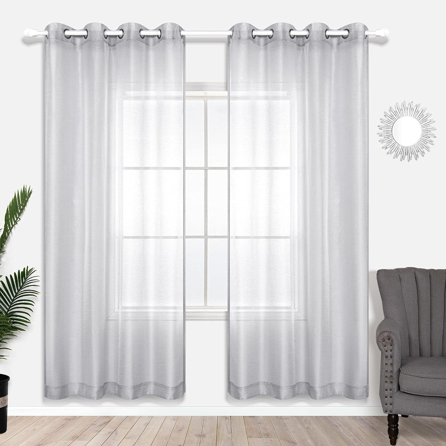 Silver Sheer Curtains, Luxury Curtain for Living Room Bedroom, Light Grey Grommet Backdrop Curtains for Party, 52 X 84 Inch Length, 2 Panels Set, Gray