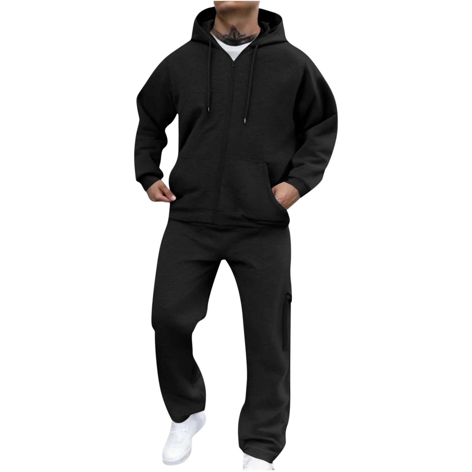 Track Suit Mens Full Zip Hooded Sweatshirt Sets Matching Wide Leg Cargo Pants 2 Piece Outfit Black,Xxl