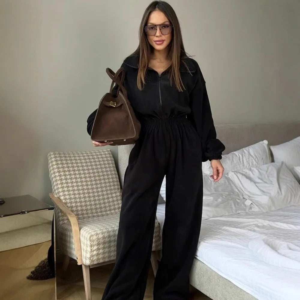 Woman Clothing New Fashion Long-Sleeved Jumpsuit Women'S Casual Semi-Open Elastic Waist Jumpsuit Elegant Woman Jumpsuit