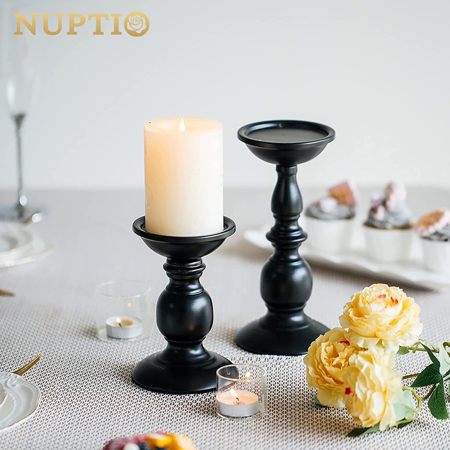 Black Candle Holder for Pillars: Rustic Metal Candle Stands Set