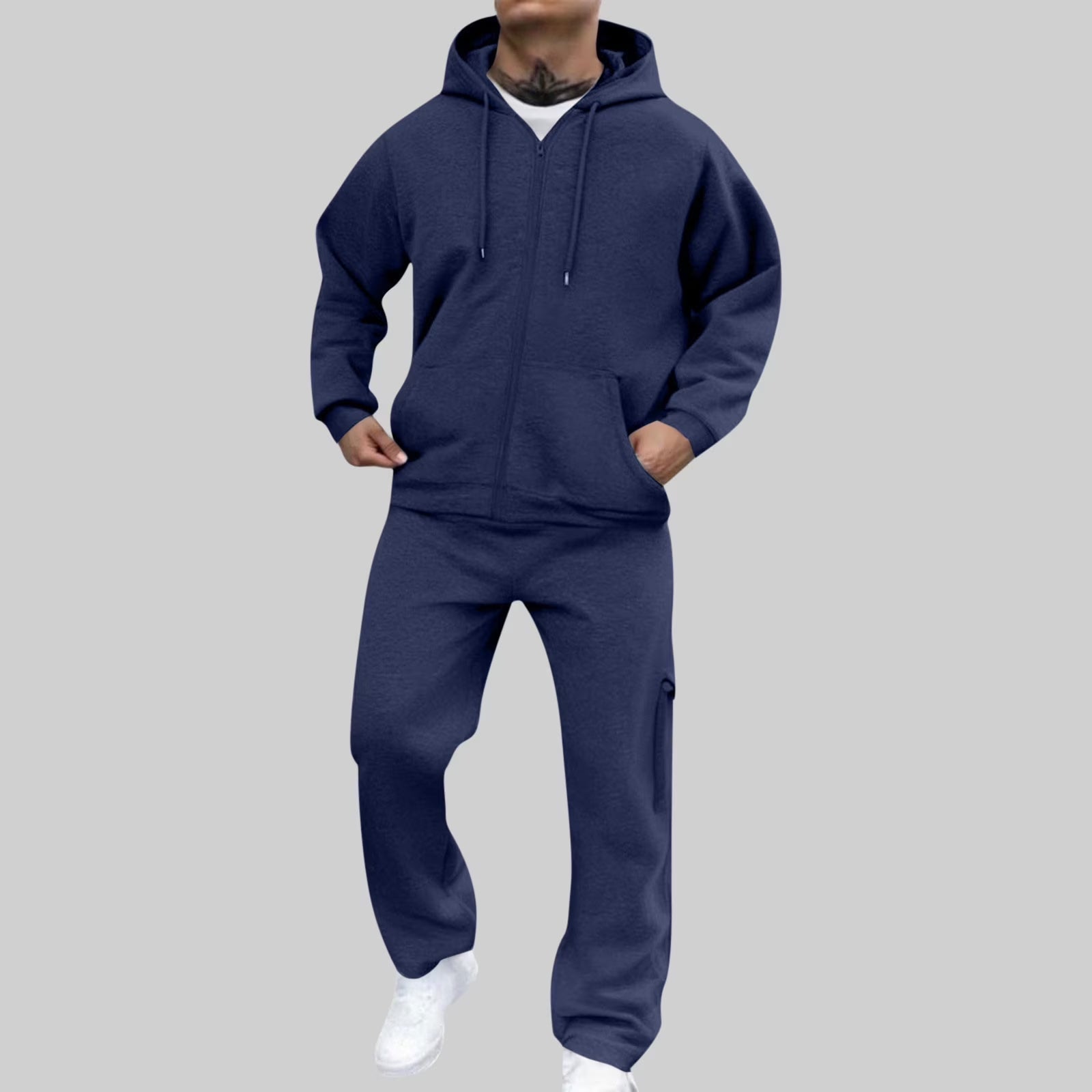 Men'S Track Suit Full Zip Hooded Sweatshirt Sets Matching Wide Leg Cargo Pants 2 Piece Outfit Dark Blue,Xxxl