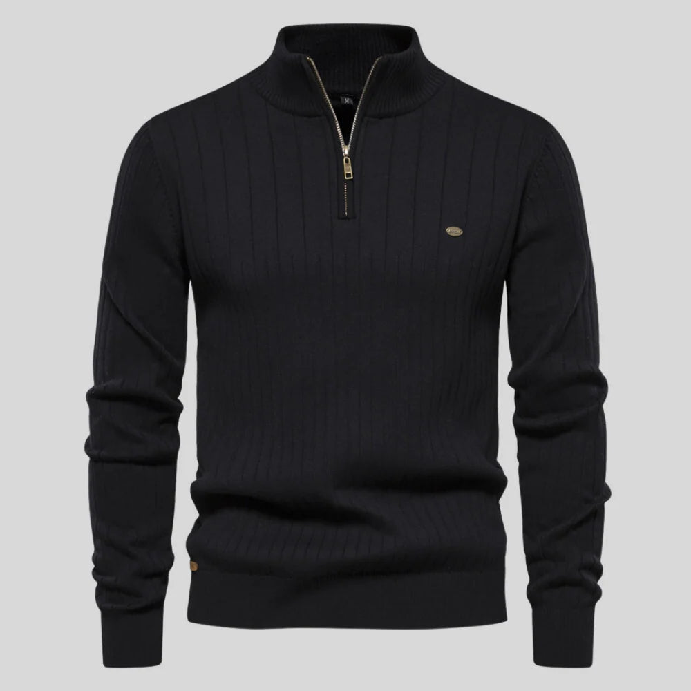 Men'S Ribbed Top with High Zip Neck Sweater