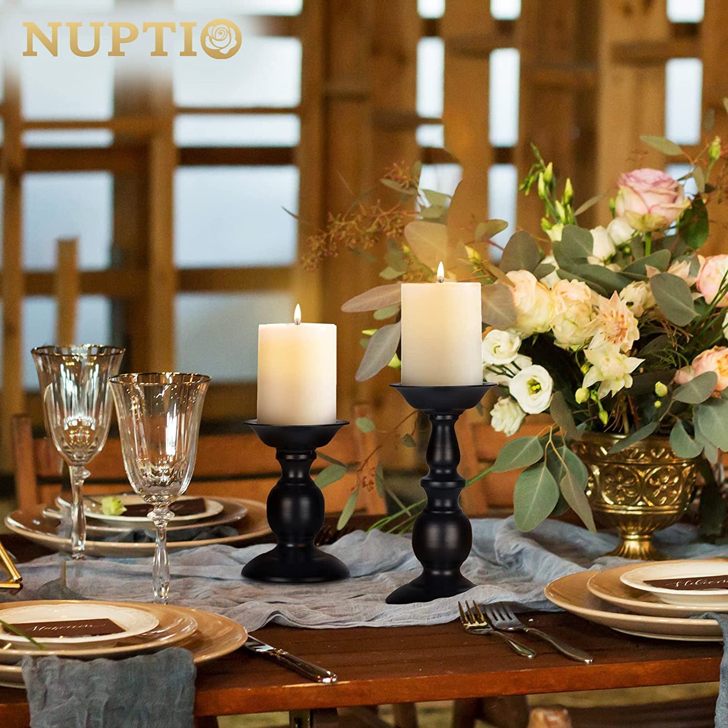 Black Candle Holder for Pillars: Rustic Metal Candle Stands Set