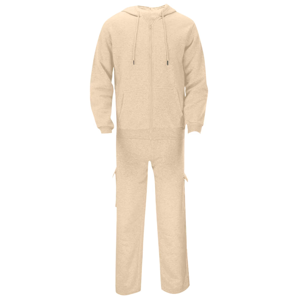 Track Suit Men Full Zip Hooded Sweatshirt Sets Matching Wide Leg Cargo Pants 2 Piece Outfit Beige,L