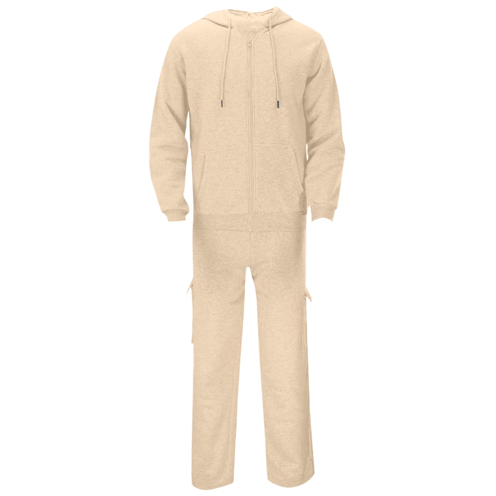 Track Suit Men Full Zip Hooded Sweatshirt Sets Matching Wide Leg Cargo Pants 2 Piece Outfit Beige,L