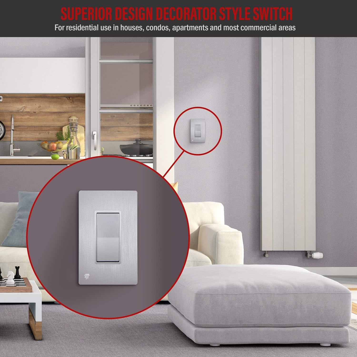 Brushed Silver Single Pole Decorator Light Switch, 15A, 1 Pack