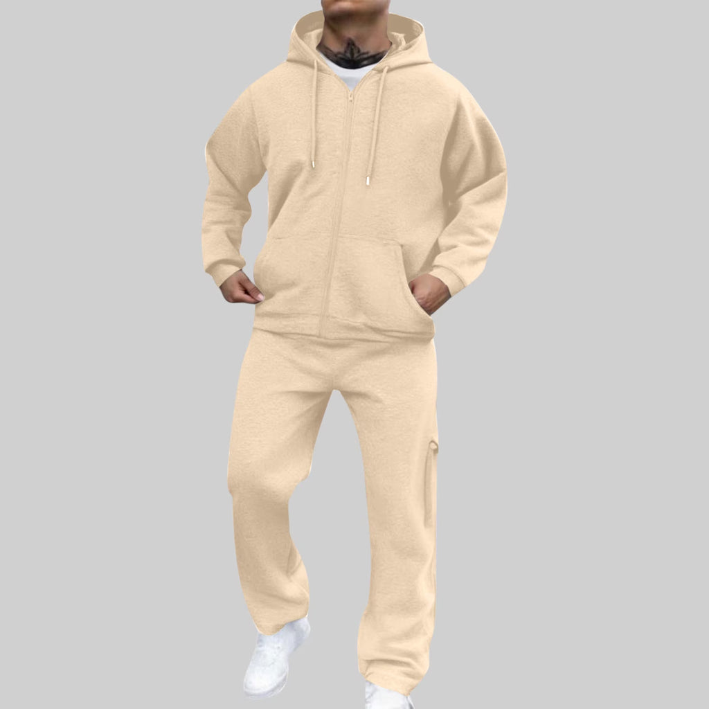 Track Suit Men Full Zip Hooded Sweatshirt Sets Matching Wide Leg Cargo Pants 2 Piece Outfit Beige,L
