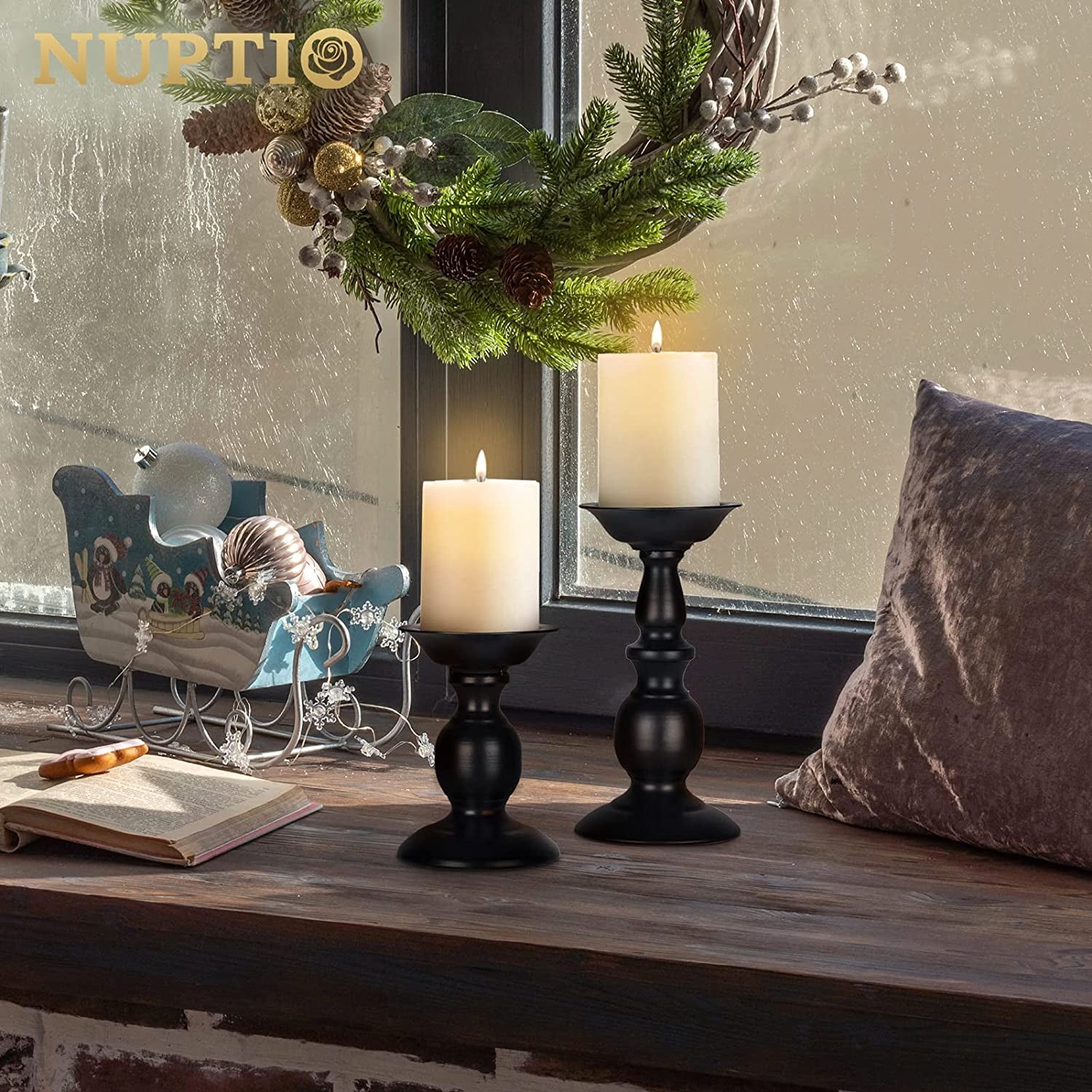 Black Candle Holder for Pillars: Rustic Metal Candle Stands Set