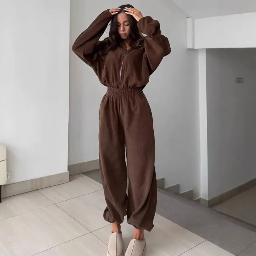 Woman Clothing New Fashion Long-Sleeved Jumpsuit Women'S Casual Semi-Open Elastic Waist Jumpsuit Elegant Woman Jumpsuit