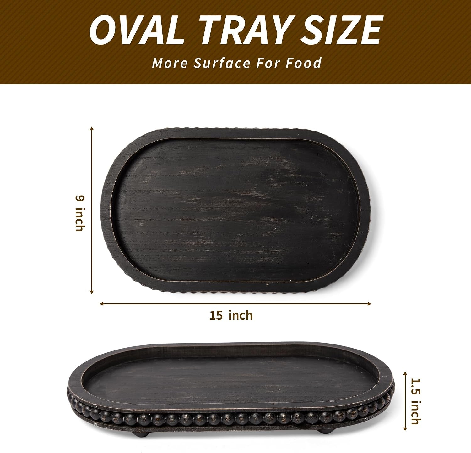 HPC Decor 15In Oval Tray for Home Decor - Black Wood Beaded Tray - Decorative Serving Tray,Rustic Farmhouse Wooden Trays for Vintage Centerpiece,Kitchen Counter,Living Room Decor,Coffee Table Decor.