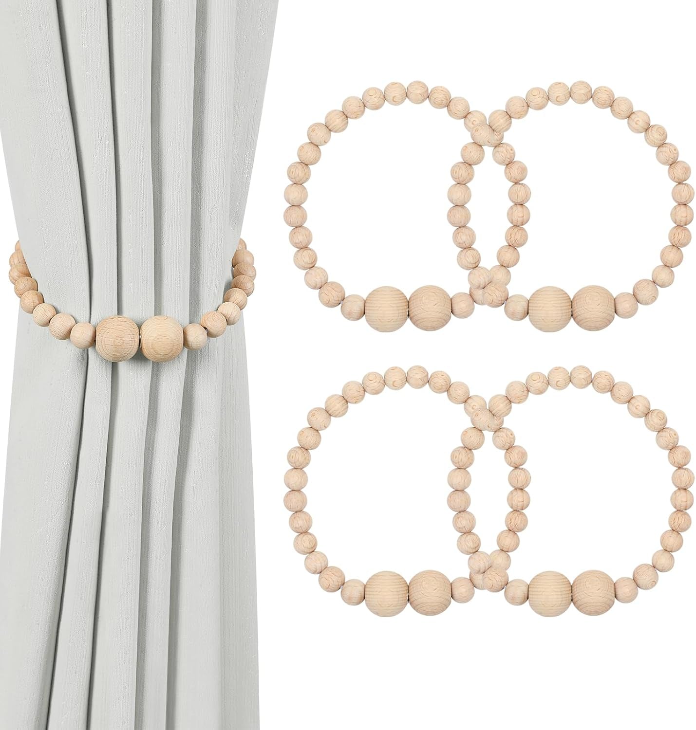 Magnetic Curtain Tiebacks, 4 Pack Wood Bead Curtain Holdbacks