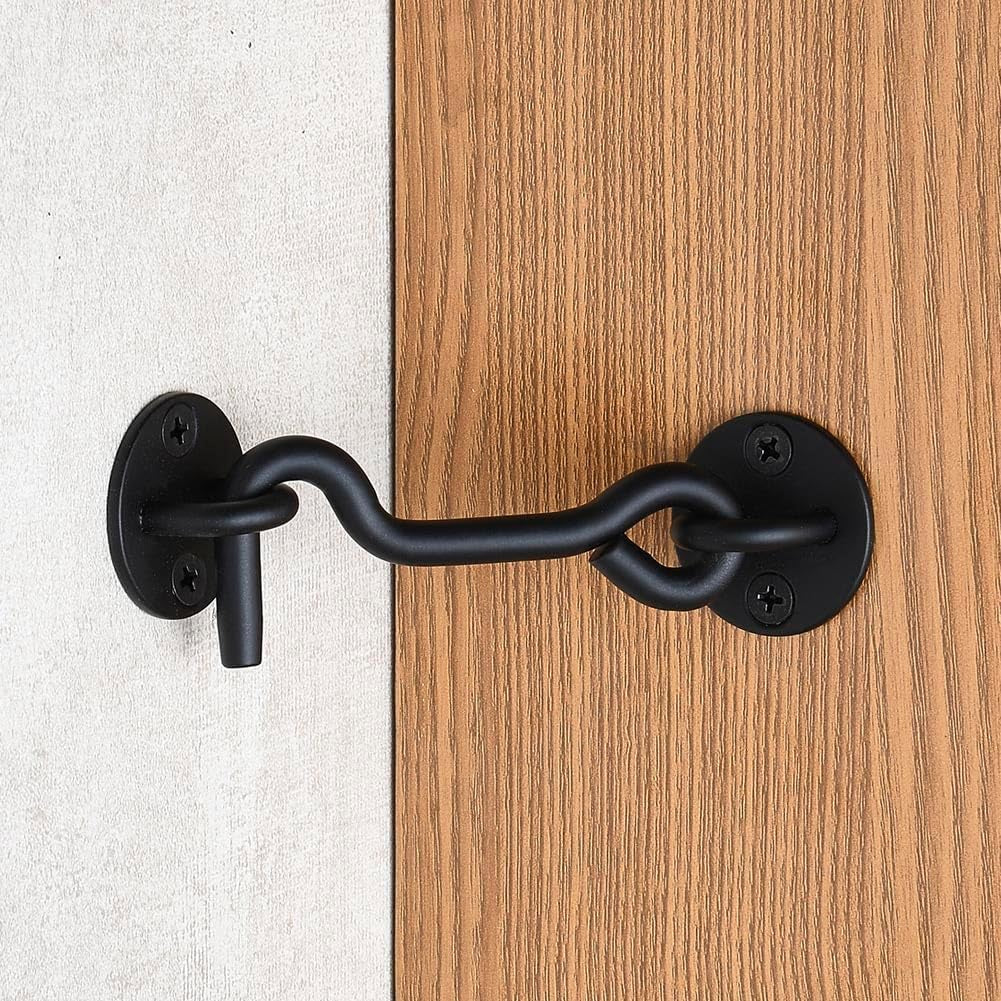 4" Privacy Hook and Eye Gate Door Latch, Easy Barn Door Lock, Black