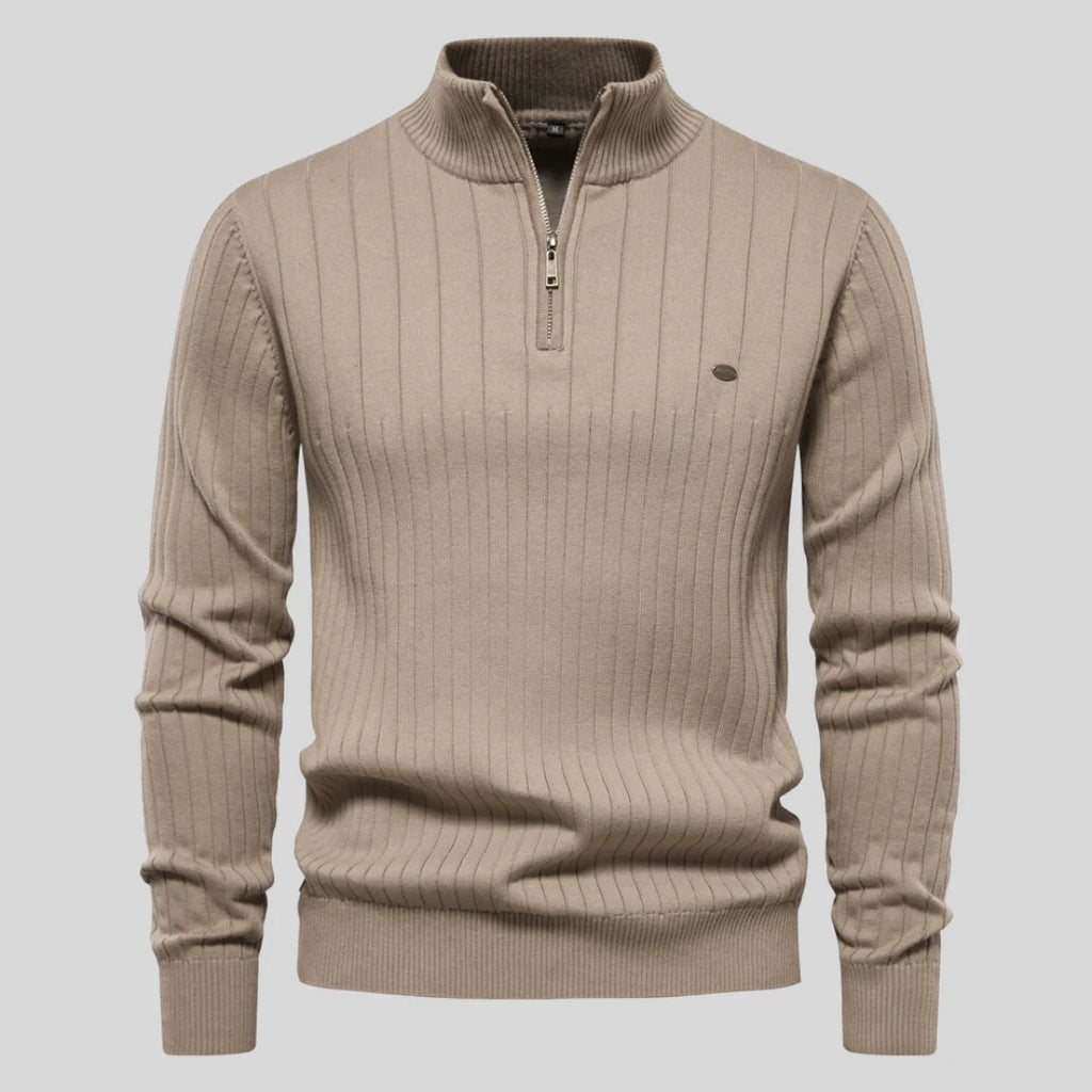 Men'S Ribbed Top with High Zip Neck Sweater