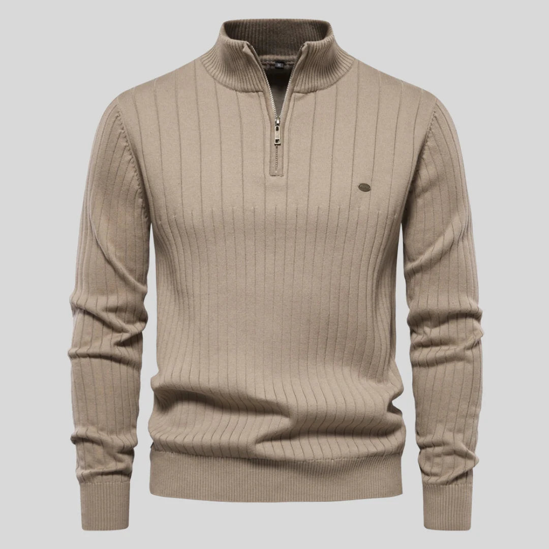 Men'S Ribbed Top with High Zip Neck Sweater