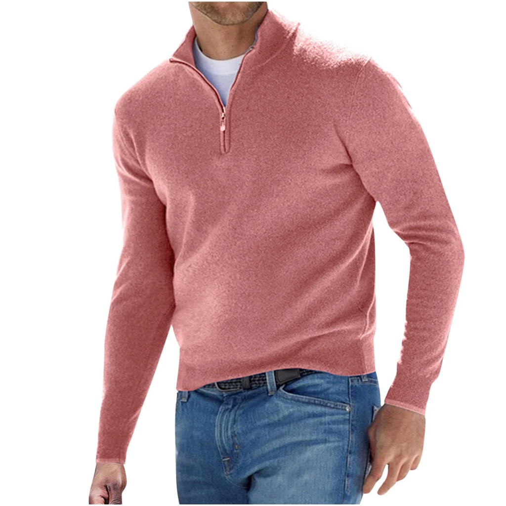 Mens Slim Fit Quarter Zip Mock Neck Sweater Casual Warm Winter Solid Long Sleeve Knitted Turtleneck Pullover Sweatshirts Pink XXXXL