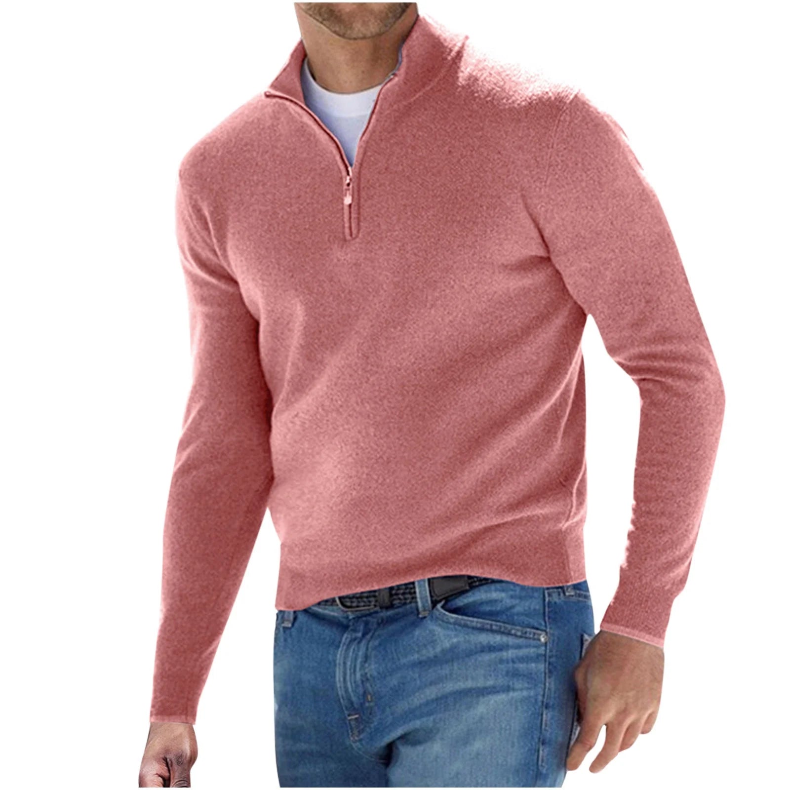 Mens Slim Fit Quarter Zip Mock Neck Sweater Casual Warm Winter Solid Long Sleeve Knitted Turtleneck Pullover Sweatshirts Pink XXXXL