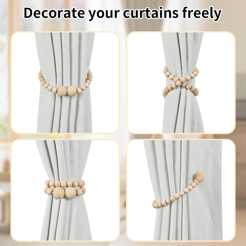 Magnetic Curtain Tiebacks, 4 Pack Wood Bead Curtain Holdbacks