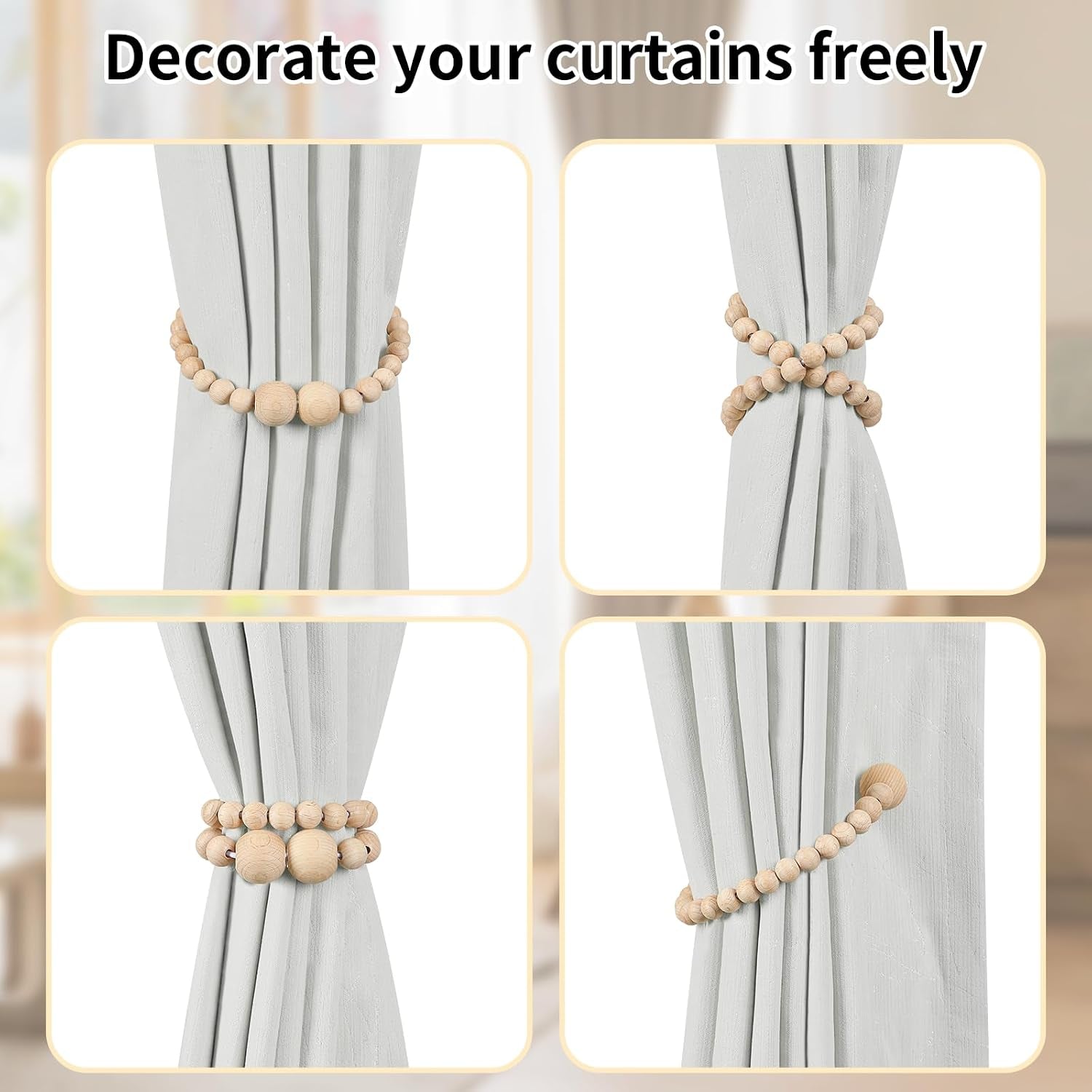 Magnetic Curtain Tiebacks, 4 Pack Wood Bead Curtain Holdbacks