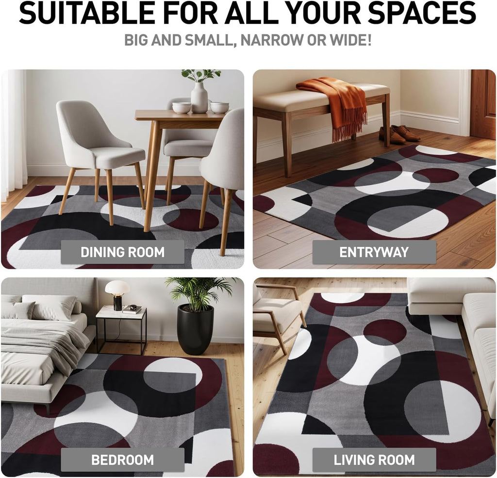 Circles Modern Soft Living Room Runner Rug Burgundy 2' X 7'2"