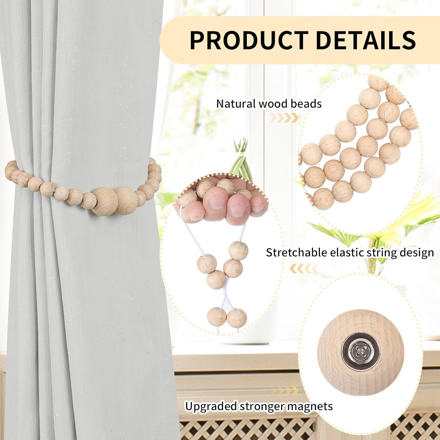 Magnetic Curtain Tiebacks, 4 Pack Wood Bead Curtain Holdbacks
