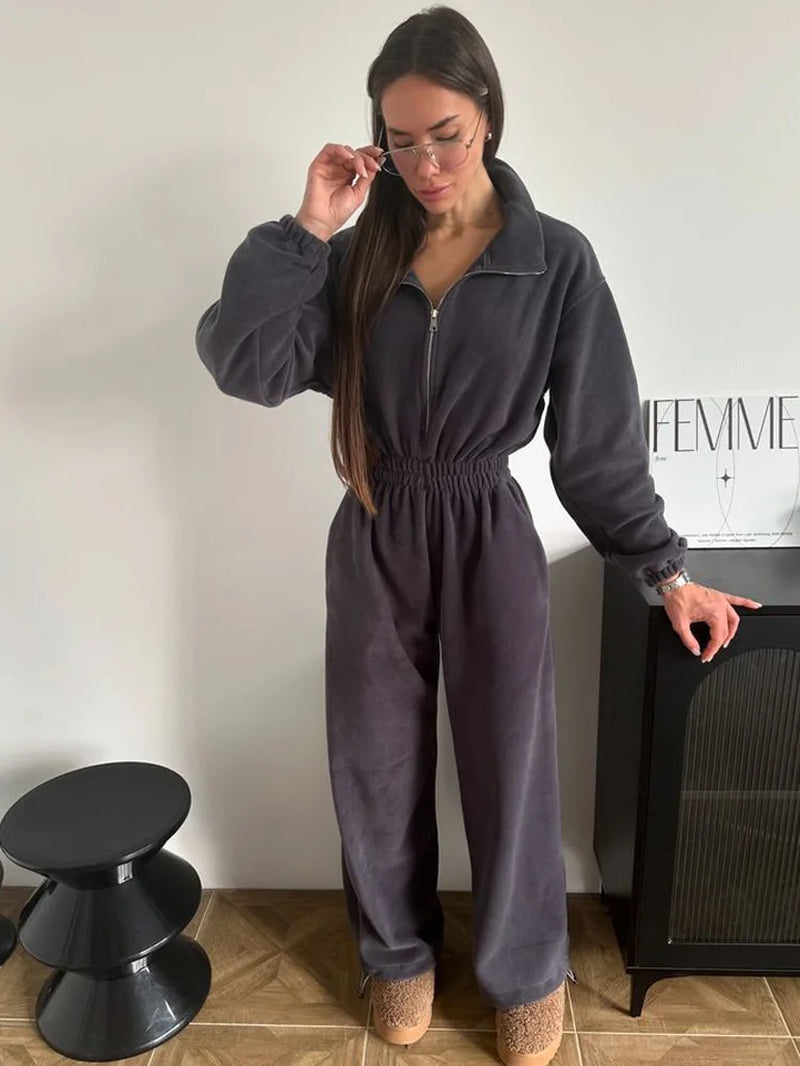 Woman Clothing New Fashion Long-Sleeved Jumpsuit Women'S Casual Semi-Open Elastic Waist Jumpsuit Elegant Woman Jumpsuit