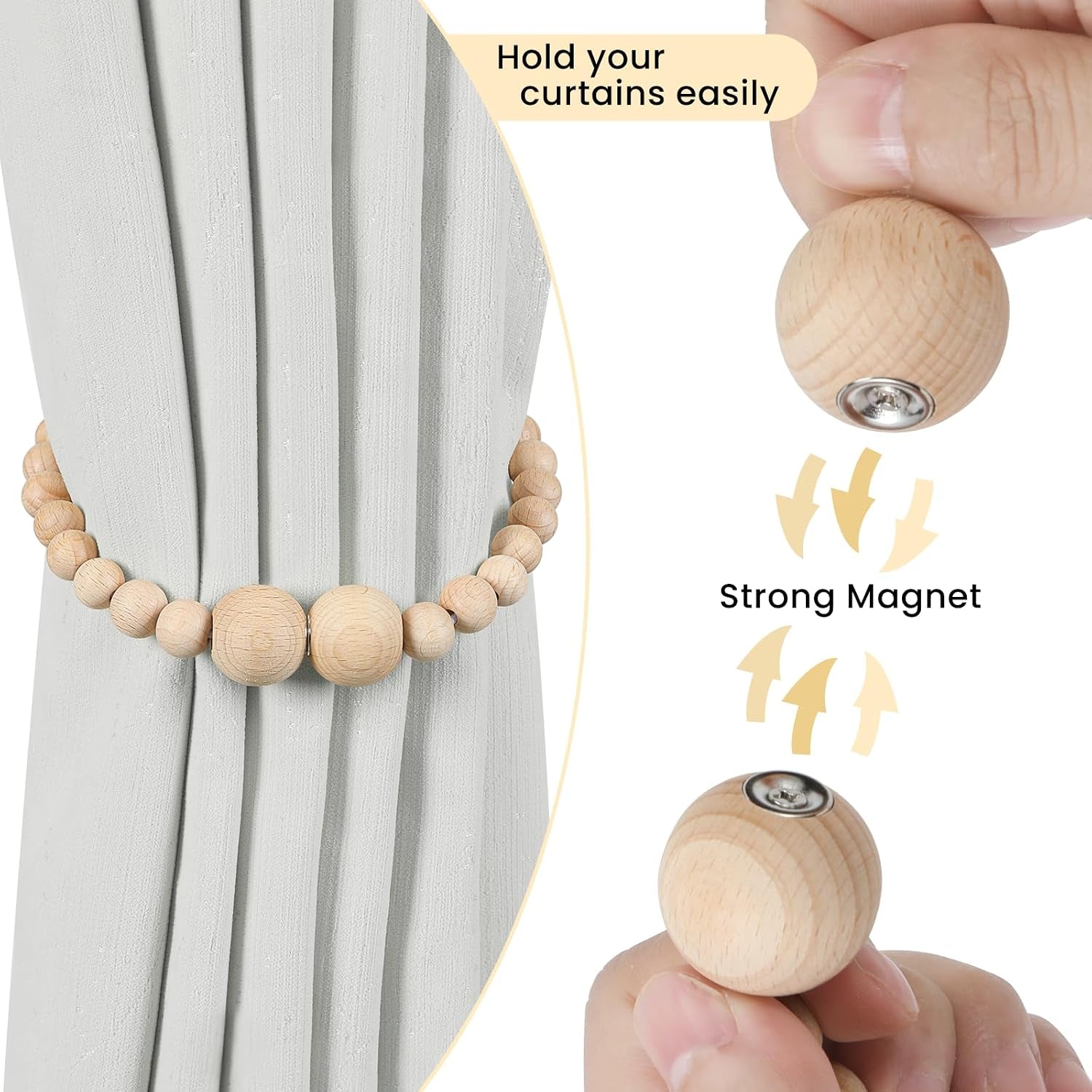 Magnetic Curtain Tiebacks, 4 Pack Wood Bead Curtain Holdbacks