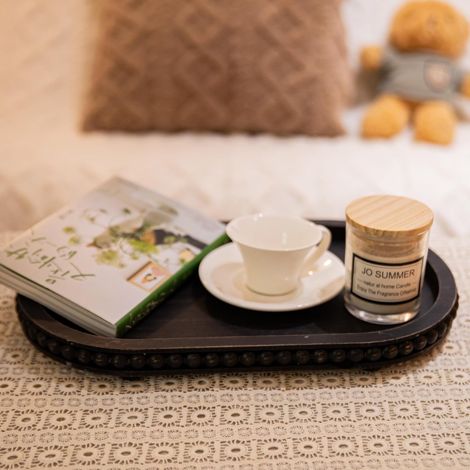 HPC Decor 15In Oval Tray for Home Decor - Black Wood Beaded Tray - Decorative Serving Tray,Rustic Farmhouse Wooden Trays for Vintage Centerpiece,Kitchen Counter,Living Room Decor,Coffee Table Decor.