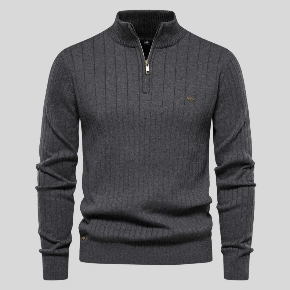 Men'S Ribbed Top with High Zip Neck Sweater