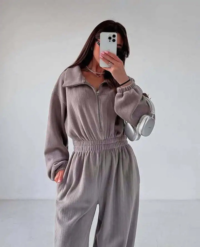 Woman Clothing New Fashion Long-Sleeved Jumpsuit Women'S Casual Semi-Open Elastic Waist Jumpsuit Elegant Woman Jumpsuit
